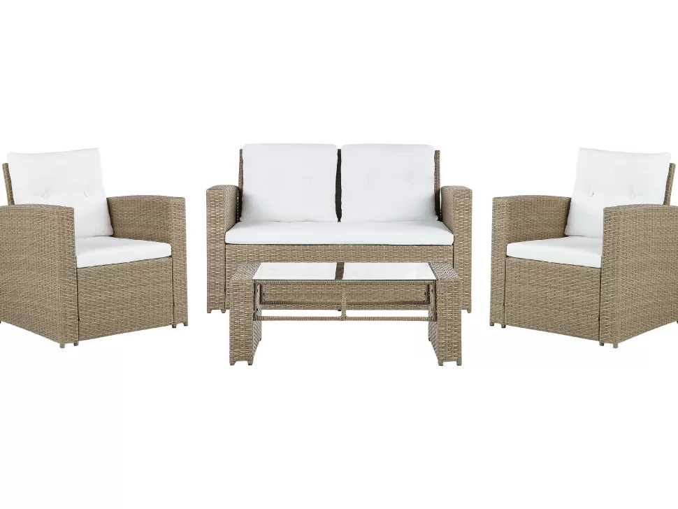 Sale Beliani Lounge Set Rattan Hellbraun 4-Sitzer Auflagen Cremeweis Luca