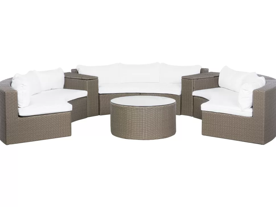 Best Beliani Lounge Set Rattan Hellbraun 9-Sitzer Rund Auflagen Weis Severo