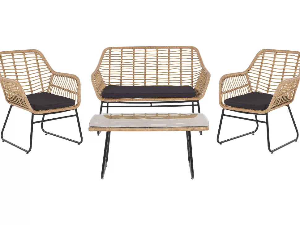 Best Sale Beliani Lounge Set Rattan Naturlich 4-Sitzer Auflagen Schwarz Minori