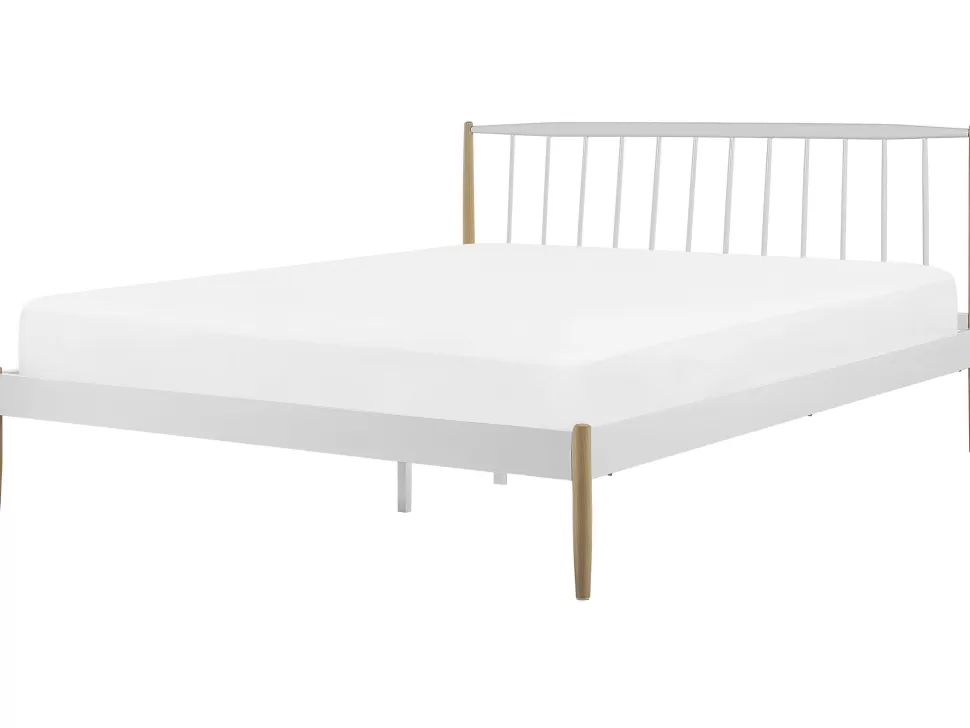 Flash Sale Beliani Metallbett Weis / Heller Holzfarbton Lattenrost 180 X 200 Cm Maurs