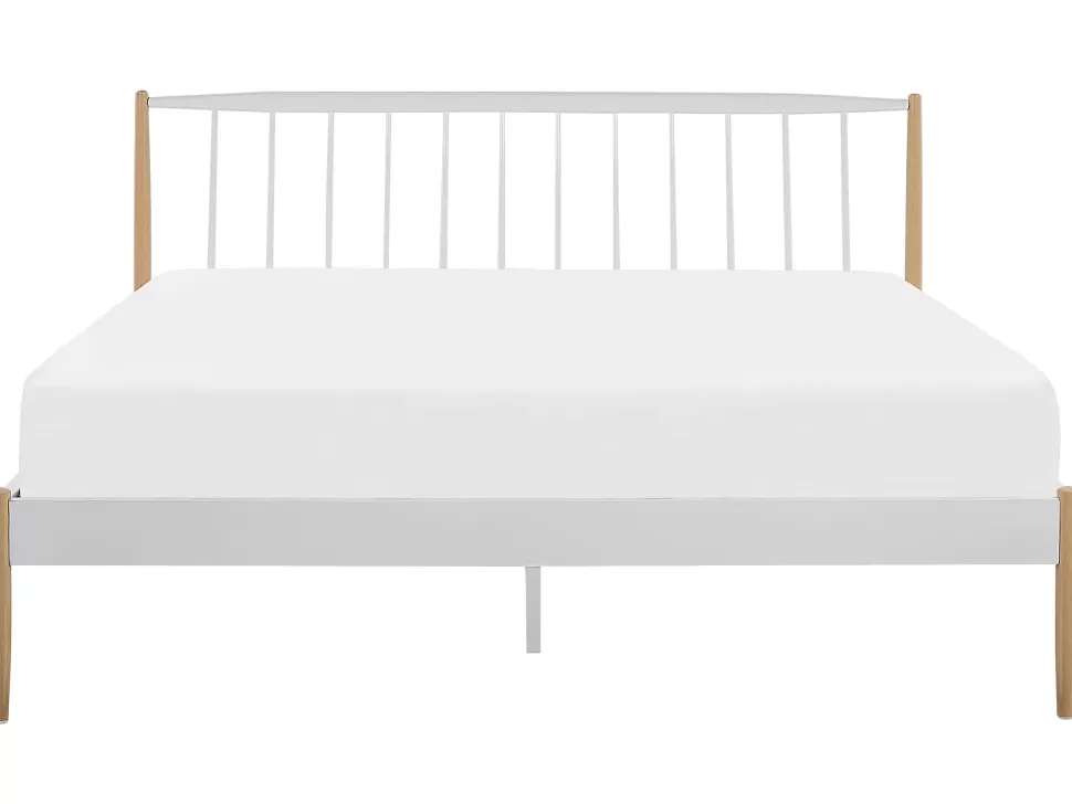 Flash Sale Beliani Metallbett Weis / Heller Holzfarbton Lattenrost 180 X 200 Cm Maurs