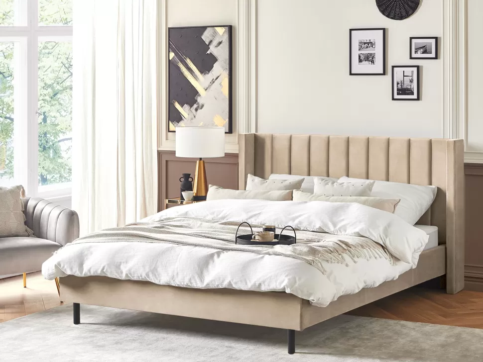 Betten>Beliani Polsterbett Samtstoff Beige Lattenrost 180 X 200 Cm Villette