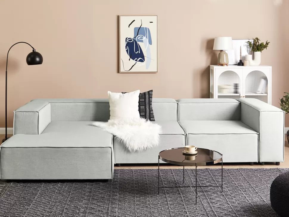 Discount Beliani Right Hand 3 Seater Modular Linen Corner Sofa Grey Aprica