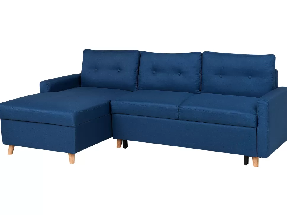 Fashion Beliani Right Hand Corner Sofa Bed With Storage Navy Blue Flakk