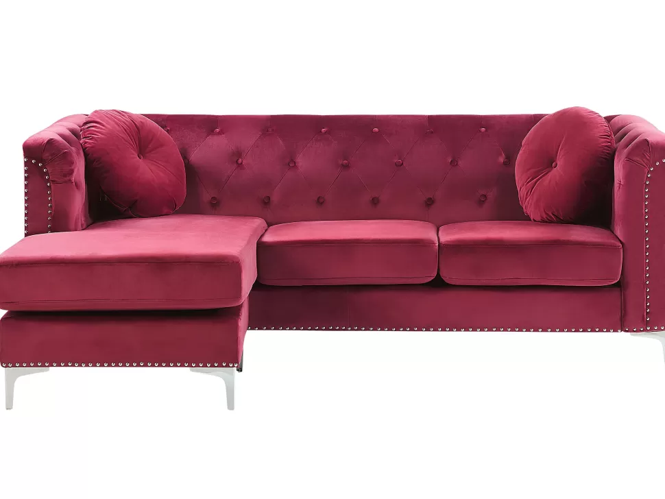 Clearance Beliani Right Hand Velvet Corner Sofa Burgundy Flen