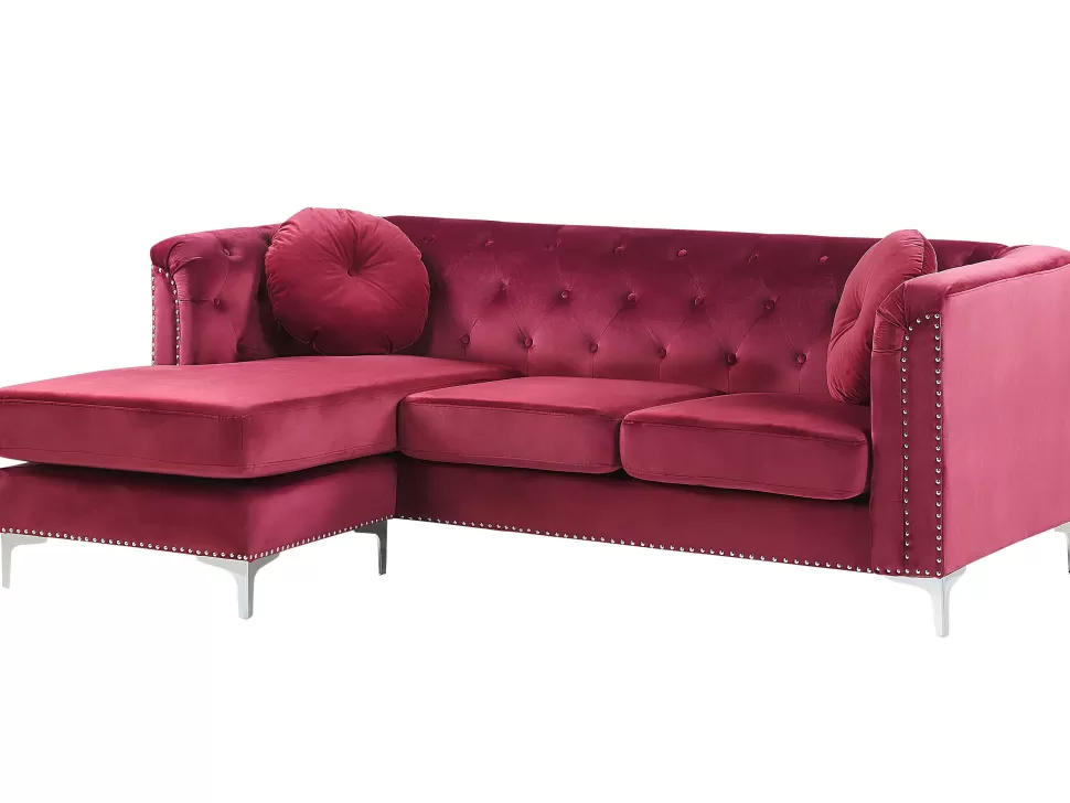 Clearance Beliani Right Hand Velvet Corner Sofa Burgundy Flen
