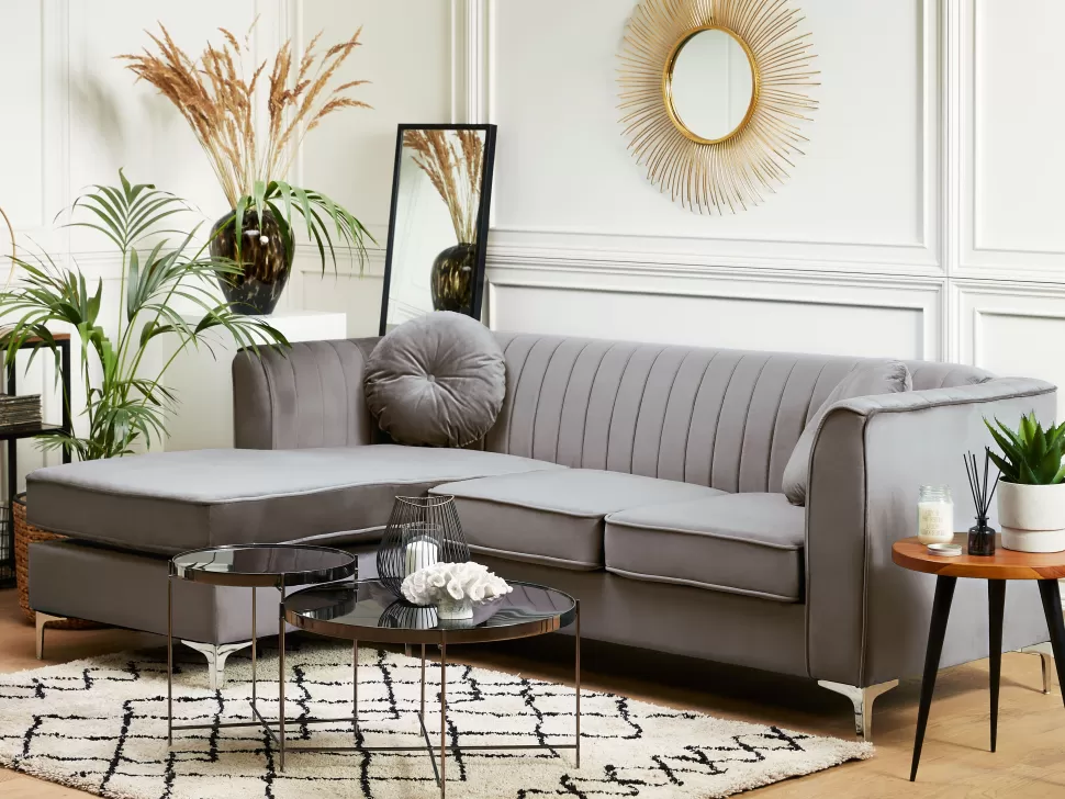 Discount Beliani Right Hand Velvet Corner Sofa Grey Timra