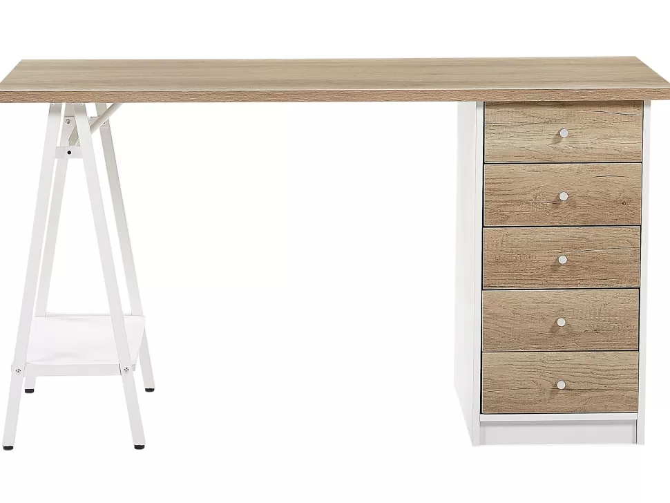 Discount Beliani Schreibtisch Heller Holzfarbton / Weis 140 X 60 Cm 5 Schubladen Heber