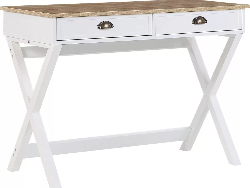 Clearance Beliani Schreibtisch Weis / Heller Holzfarbton 103 X 50 Cm 2 Schubladen Ekart
