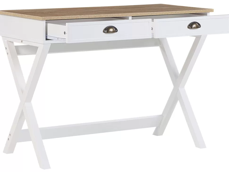 Clearance Beliani Schreibtisch Weis / Heller Holzfarbton 103 X 50 Cm 2 Schubladen Ekart