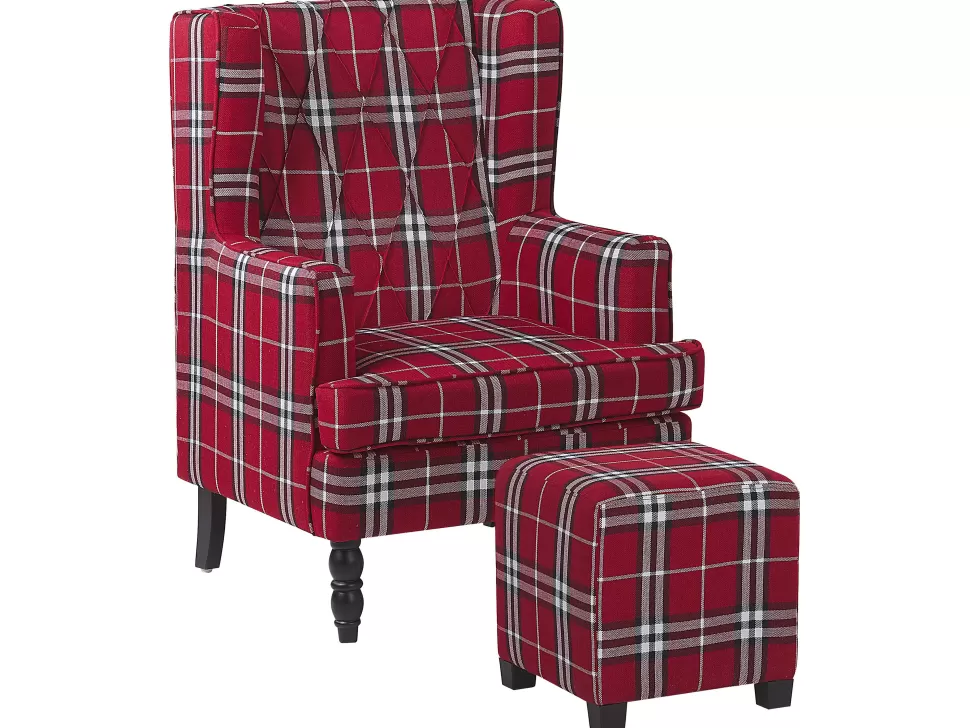 Sessel>Beliani Sessel Polsterbezug Rot-Schwarz Kariertes Muster Plus Hocker Sandset