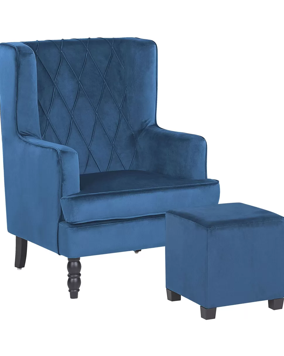 New Beliani Sessel Samtstoff Blau Plus Hocker Sandset