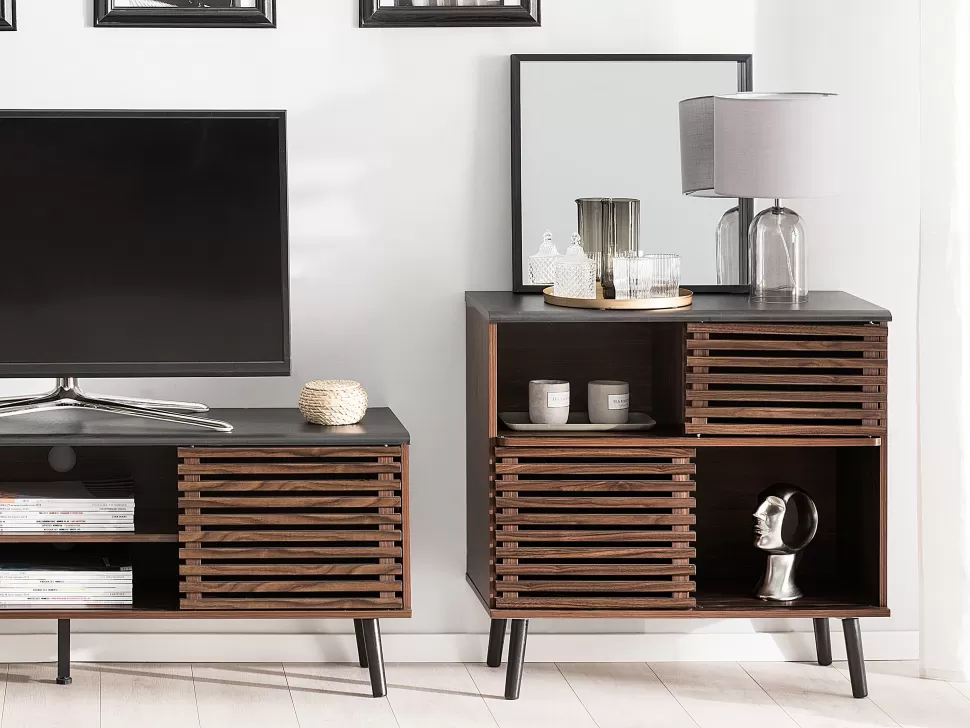 Cheap Beliani Sideboard Dunkler Holzfarbton Verschiebbare Turen Perth