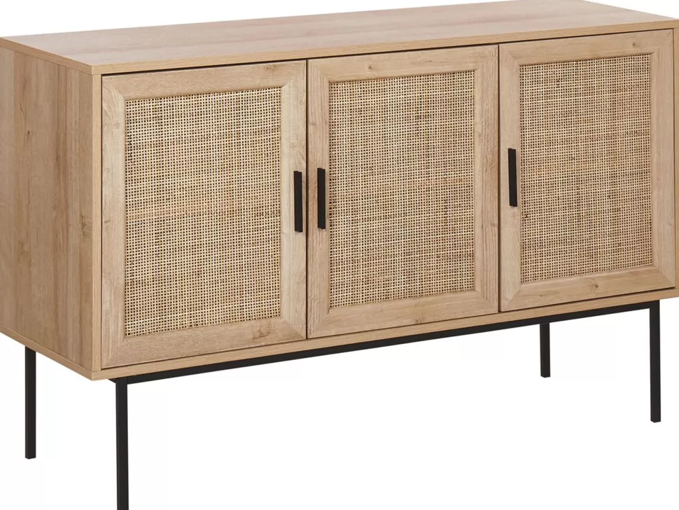 Store Beliani Sideboard Heller Holzfarbton 3 Rattan-Turen Pasco