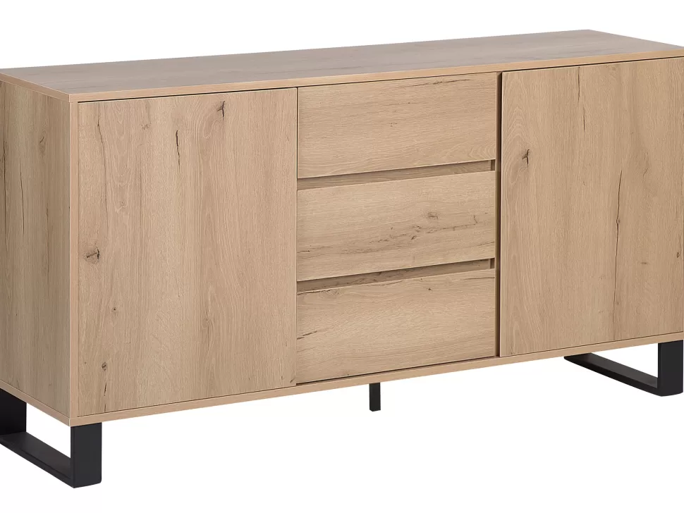 Store Beliani Sideboard Heller Holzfarbton 3 Schubladen 2 Schranke Elda