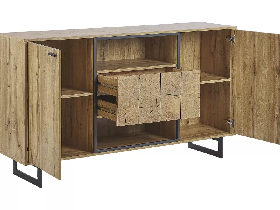 New Beliani Sideboard Heller Holzfarbton / Schwarz 2 Schubladen 2 Schranke Boiso