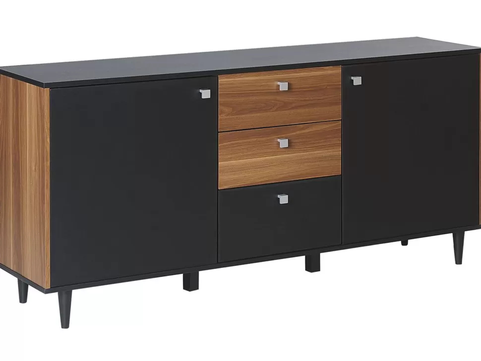 Cheap Beliani Sideboard Schwarz / Dunkler Holzfarbton 3 Schubladen 2 Schranke Kuro