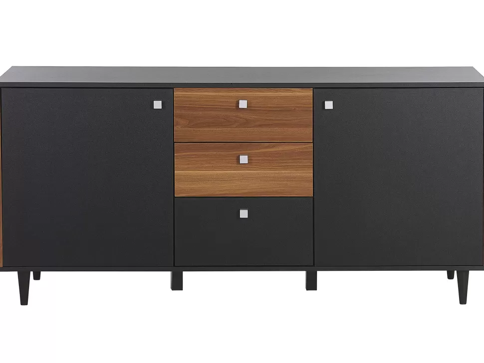 Cheap Beliani Sideboard Schwarz / Dunkler Holzfarbton 3 Schubladen 2 Schranke Kuro