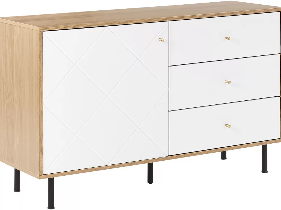 Best Beliani Sideboard Weis / Heller Holzfarbton 3 Schubladen Palmer