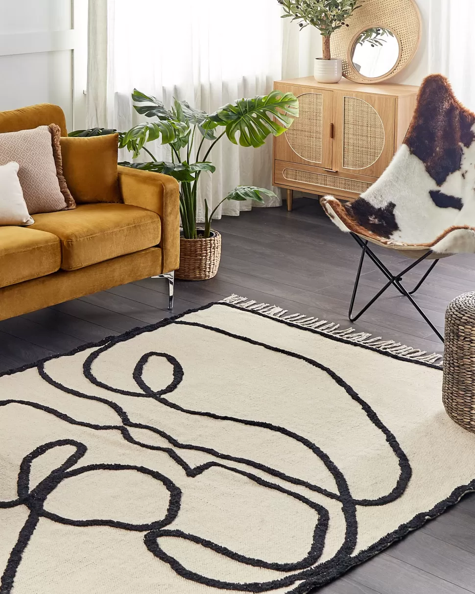 Flash Sale Beliani Teppich Baumwolle Beige / Schwarz 160 X 230 Cm Gesichtsmotiv Kurzflor Konur