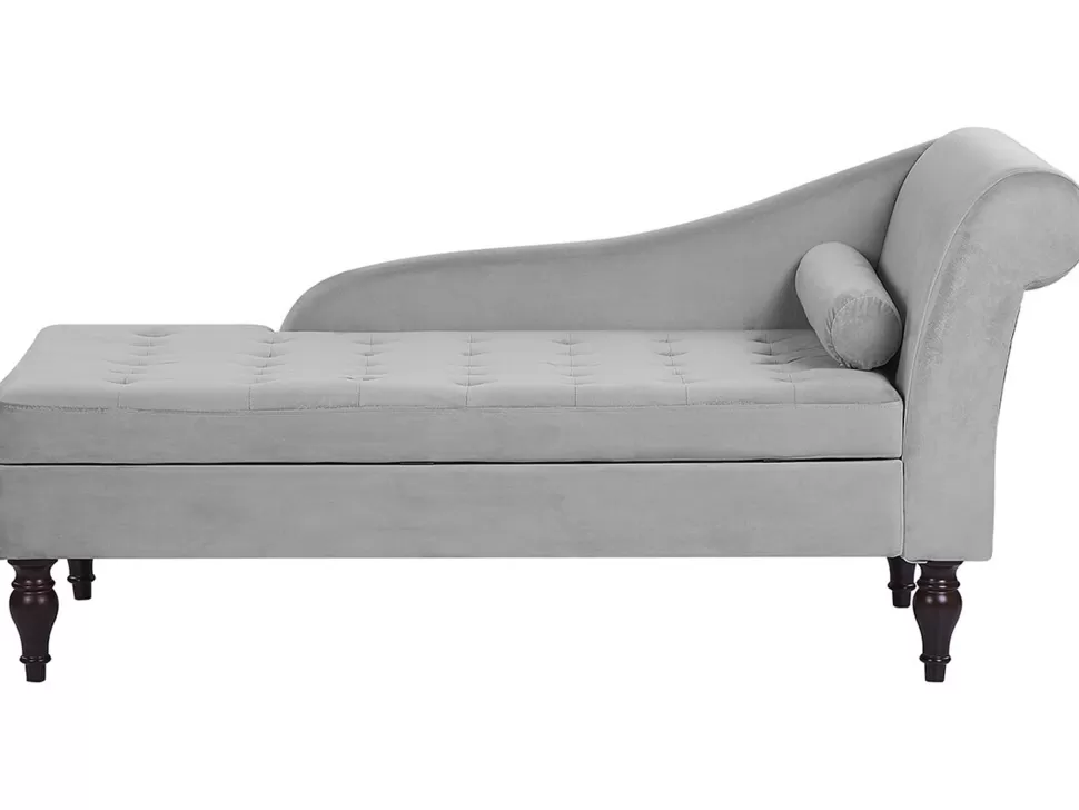 Sofas>Beliani Velvet Chaise Lounge With Storage Light Grey Pessac