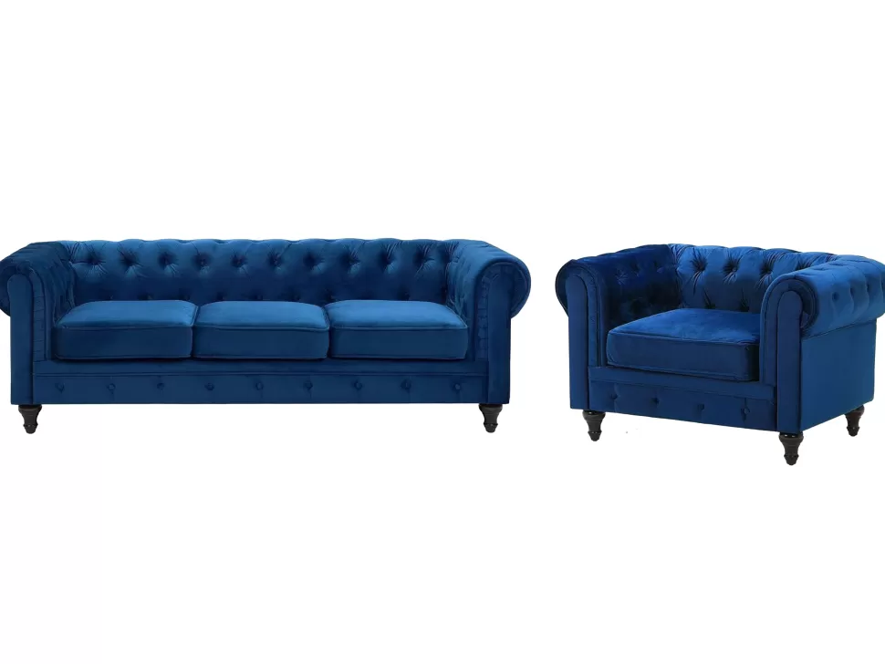 Sofas>Beliani Velvet Living Room Set Navy Blue Chesterfield