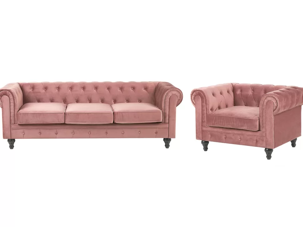 Sofas>Beliani Velvet Living Room Set Pink Chesterfield