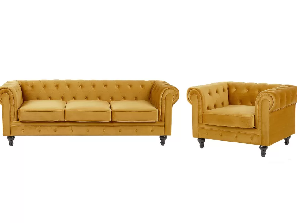 Best Beliani Velvet Living Room Set Yellow Chesterfield