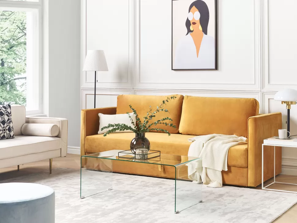 Sofas>Beliani Velvet Sofa Bed With Storage Yellow Eksjo